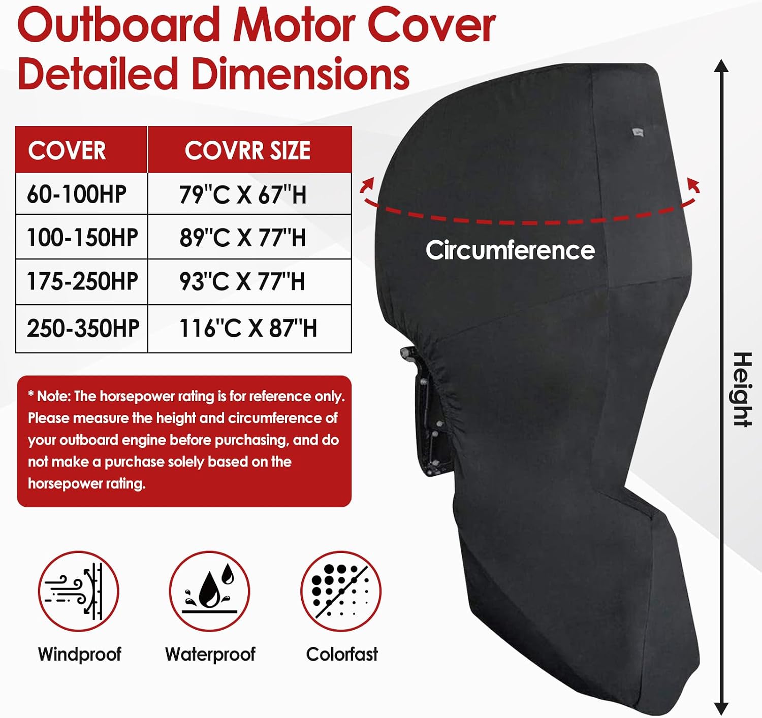 Outboard Motor Cover, 600D Heavy Duty Oxford & Waterproof with PU Coating, Fade-Resistant Windproof Outboard Engine Hood Covers, Fit for 250-350HP Motor