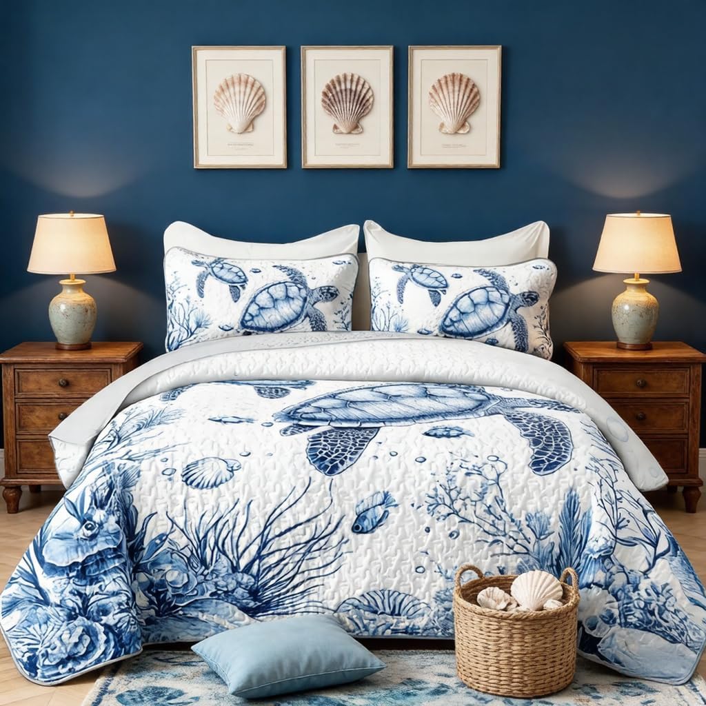HOSIMA Sea Turtle King Size Quilt,Sea Turtle Print Lightweight Quilt,Shells Fish and Corals Pattern Coastal Bedding for Room Decor,Ocean Themed Bedding with 2 Pillowcases.