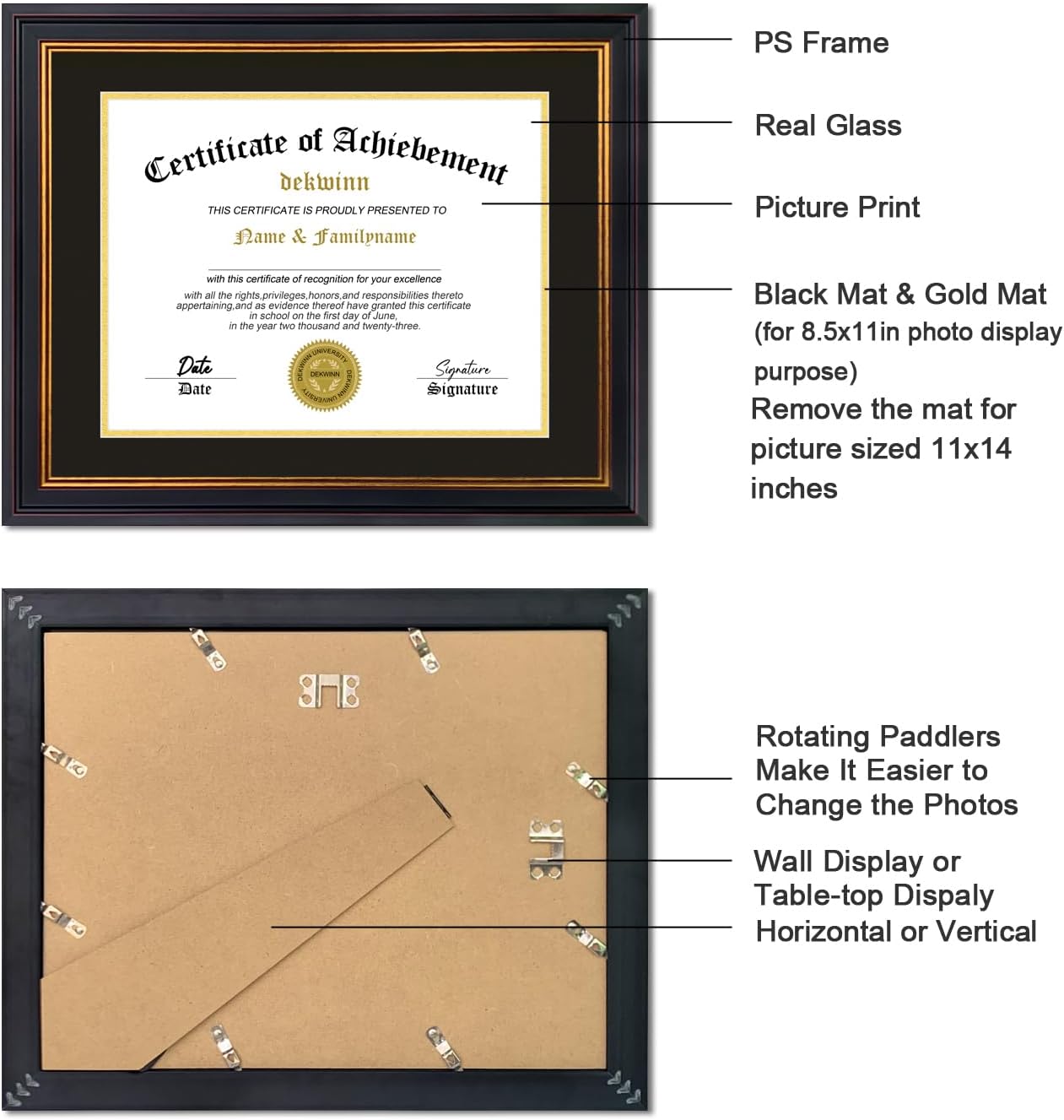 Diploma Frames 8.5x11 with Mat or 11x14 without Mat,Set of 2 Certificate Document Frame with Real Glass,Black Gold & Burgundy Molding(Black/Gold Double Mat)