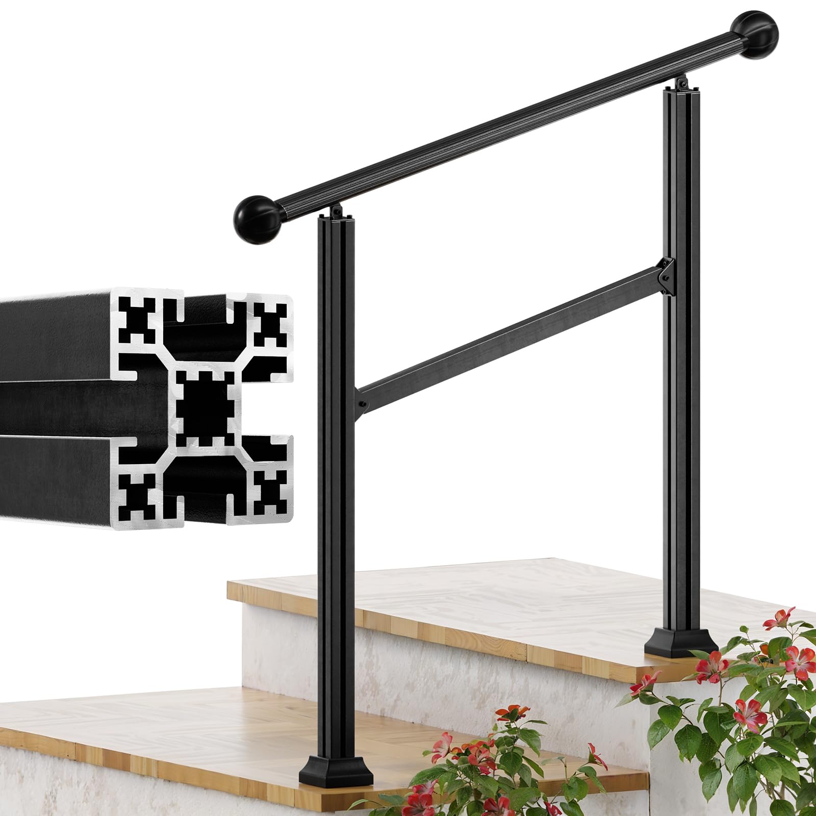 Handrails for Outdoor Steps 2 Steps - Stair Railing Hand Porch Railing for Outdoor Steps, Adjustable Transitional Handrail with Installation Kit, Hand Rails for Outdoor Concrete Steps (2 Step)