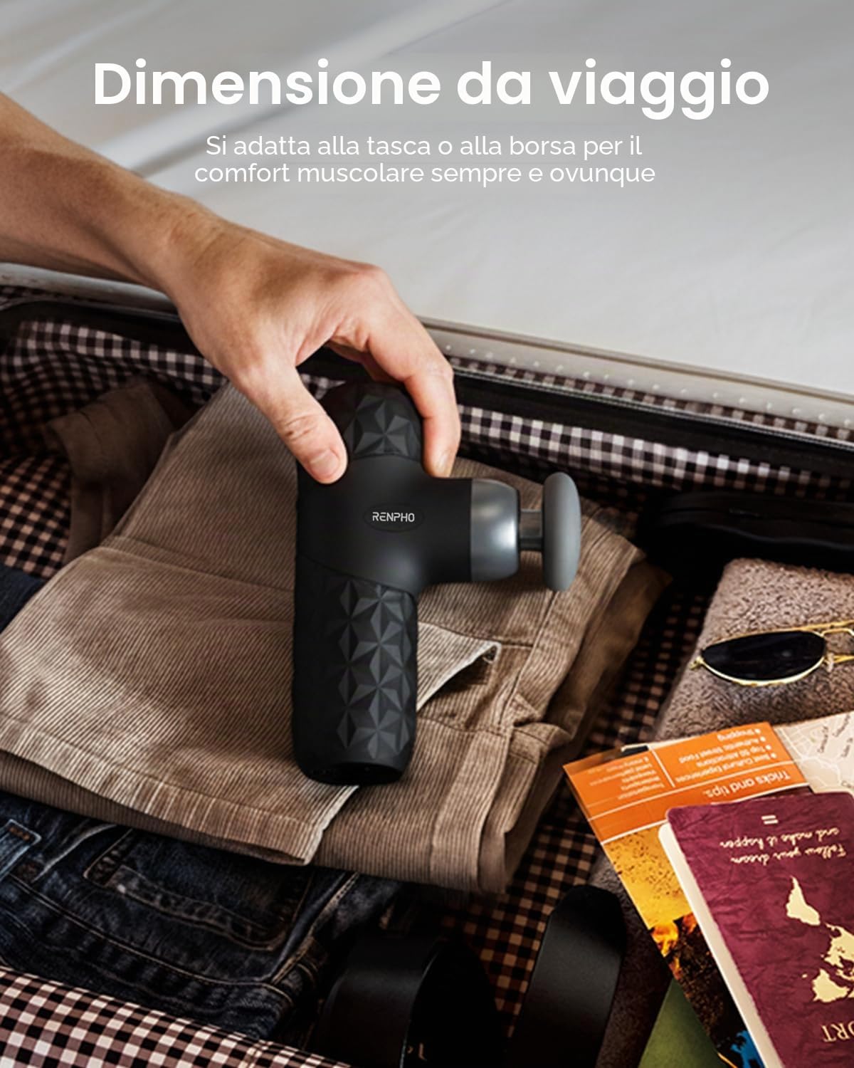 RENPHO Mini Pistola Massaggio Muscolare con funzione calore per relax | Mini Pistola Massaggio Muscolare portatile e silenziosa con 4 velocità, 4 testine e custodia, ideale in viaggio