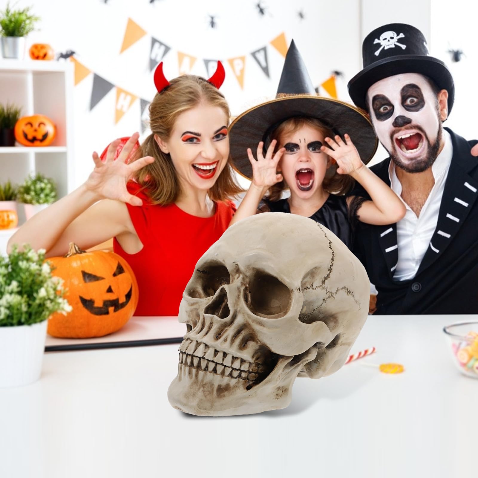 Abaodam 2 Pezzi Decorazione Scheletro Halloween in Resina Bianca 1:1 Teschio Realistico per Atmosfera Spaventosa e Arredamento Delicato da Ufficio o Souvenir