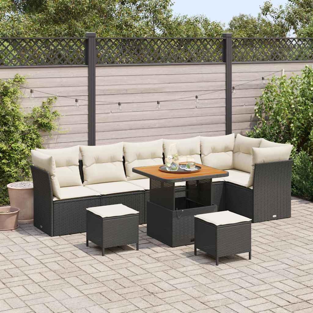 sofá de jardín modular, poliratán negro y crema, 9 piezas, 74.5kg