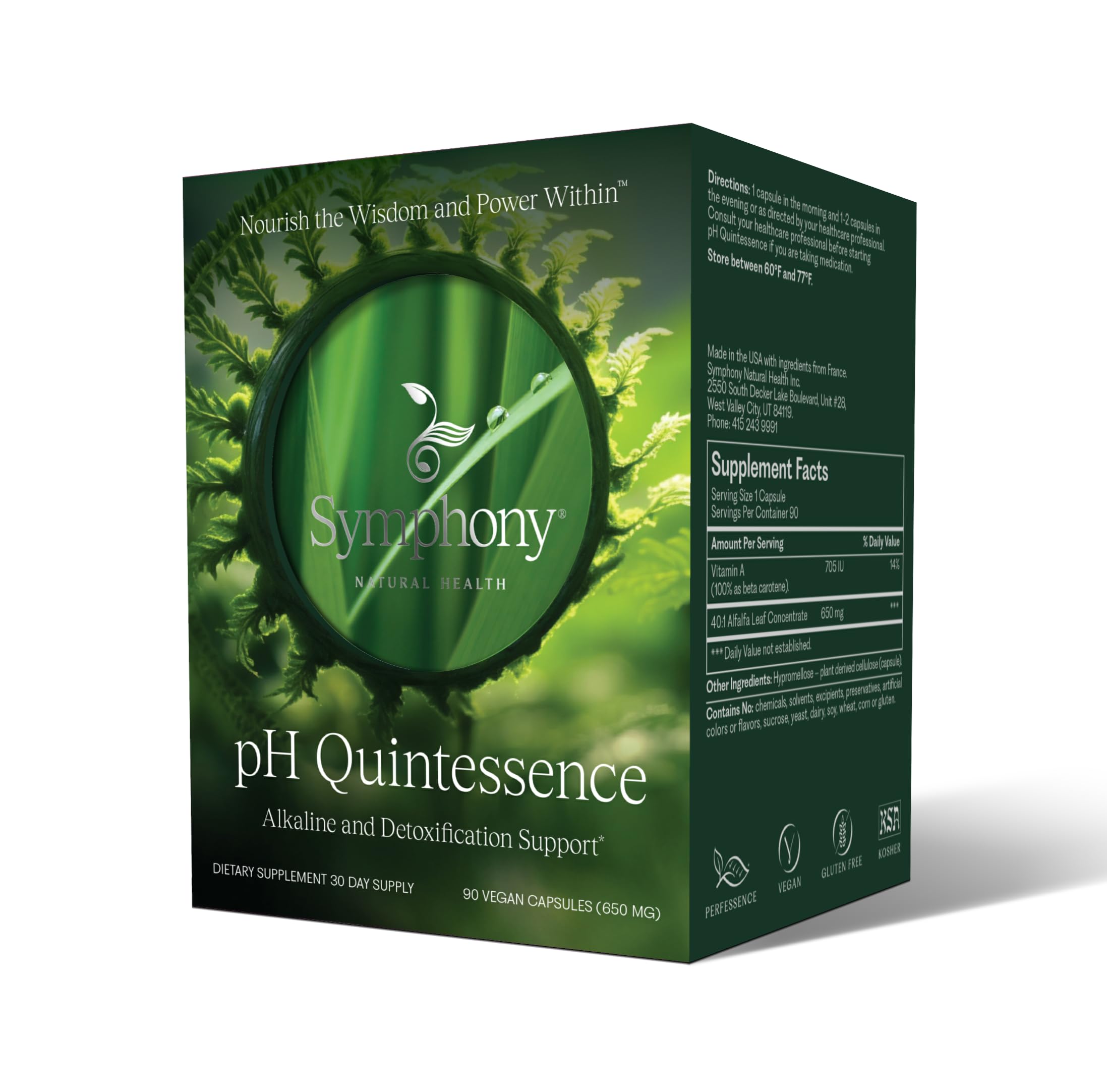 Symphony Natural Health pH Quintessence - 40:1 Alfalfa Concentrate - 90 Vegan Capsules (30 Day Supply) – Alkaline The Body, Balance pH and Support Detox