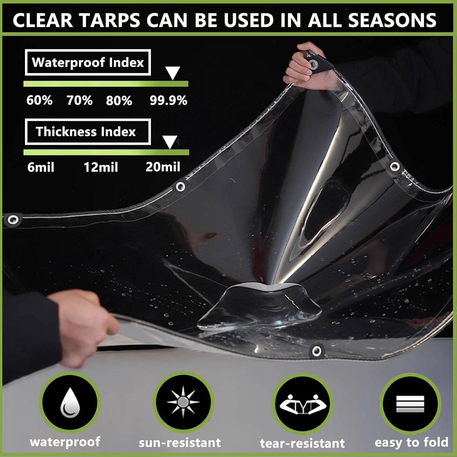 8 x 13 ft Clear Waterproof Tarp, 6 Mil Multi-Purpose Tarp Cover with Grommets, Reinforced Edges and Cable Tie, Heavy Duty PVC Transparent Tarpaulin for Courtyards Camping Gardens Cars Protection