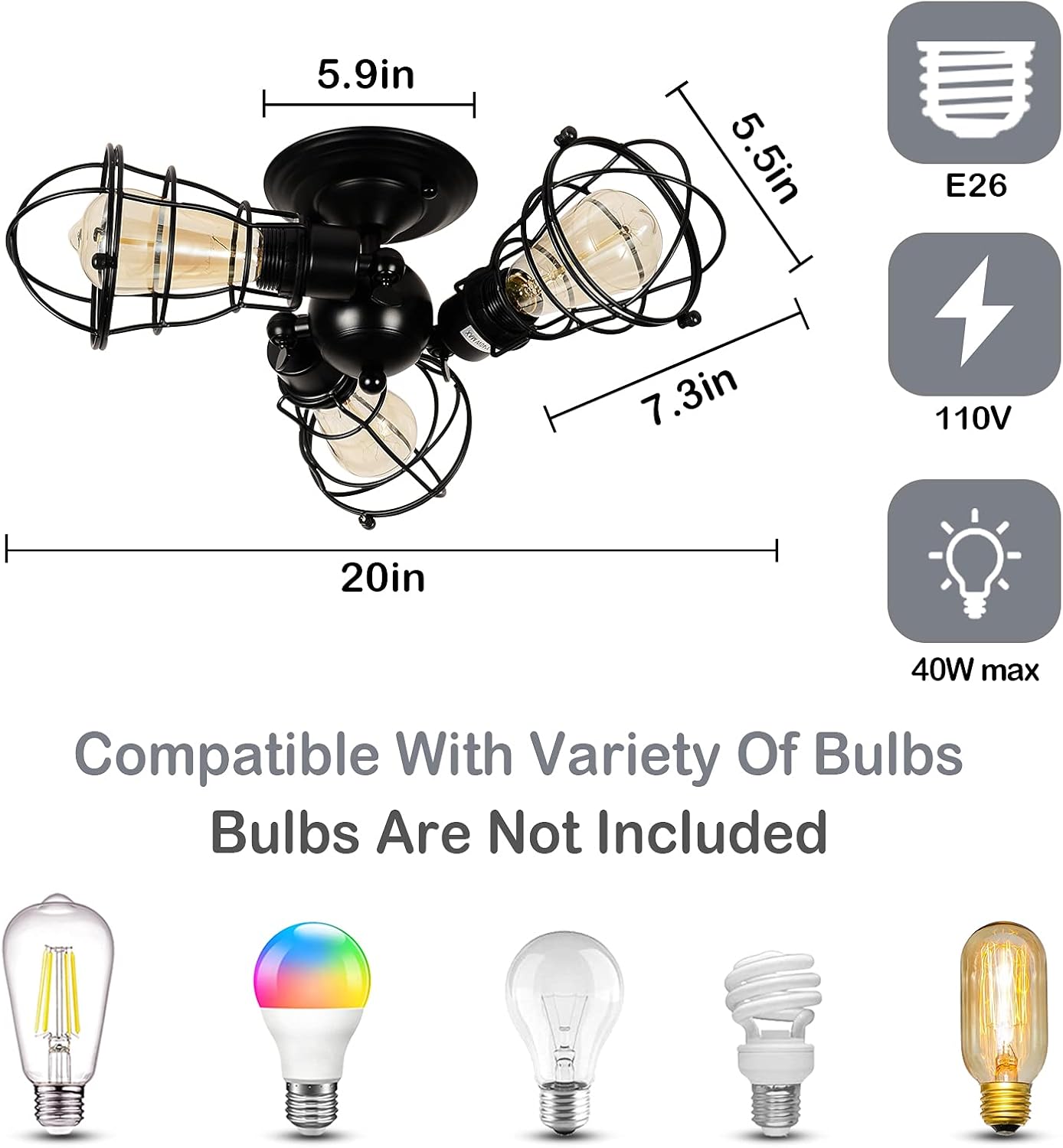 Bеѕt Dеаl 🛒 Airposta Industrial 3-Light Semi Flush Mount Ceiling Light , Rustic Black Metal Wire Cage Pendant Lighting Fixtures for Kitchen Hallway Bedroom Farmhouse Porch Living Room Dinning Room Stairway Garage