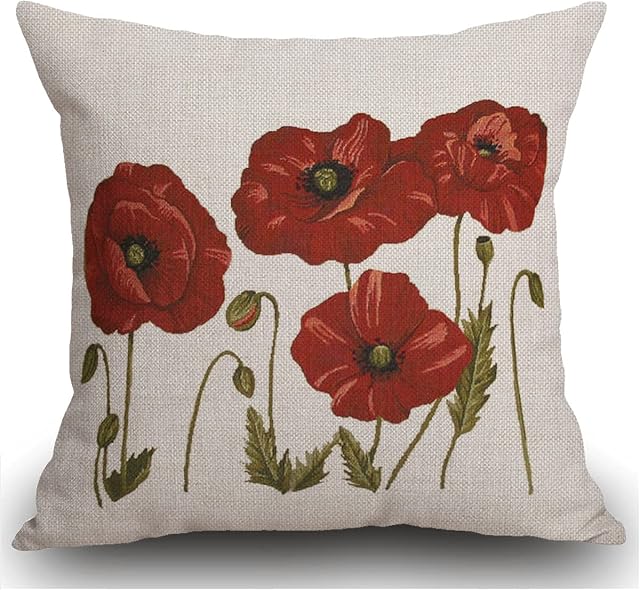 Smooffly Cushion Cover 18x18 inch Oil Painting Beautiful Plant Flowers red Poppy Throw Pillow Case Linen Square Throw Pillow Cover for Living Room Sofa Couch Bed Pillowcase 45cm x 45cm