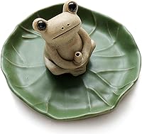 NAGU Handmade Ceramic Frog Incense Burner Holder - Cute Lotus Leaf Tray, Mini Animal Statue for Home, Meditation & Gifts