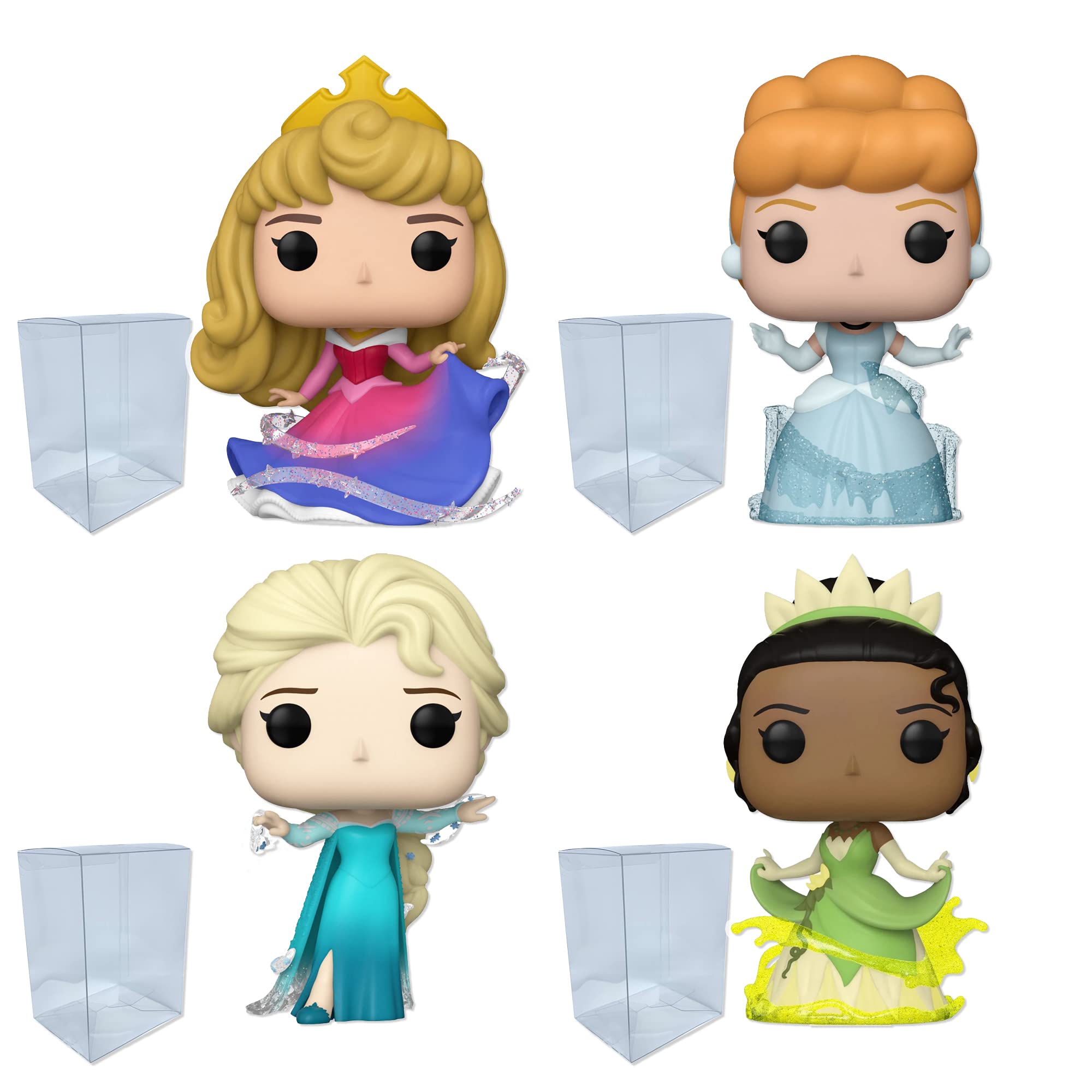 Disney 100 Princess Funko Pop Set of 4 with Protector Bundle - Includes Aurora #1316, Cinderella #1318, Elsa #1319, Tiana #1321 Figures with 4 Blue Salamander Emporium Plastic Protector Cases