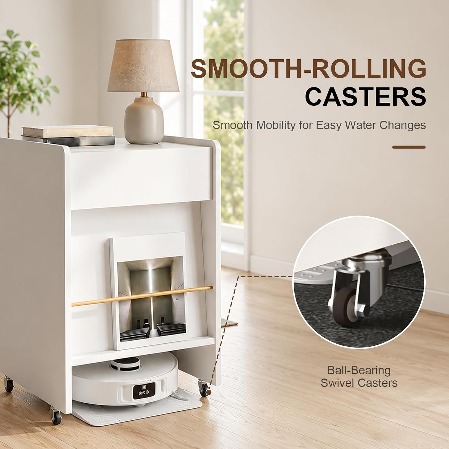 Robot Vacuum Storage Cabinet, White Side Table with Drawer and Casters