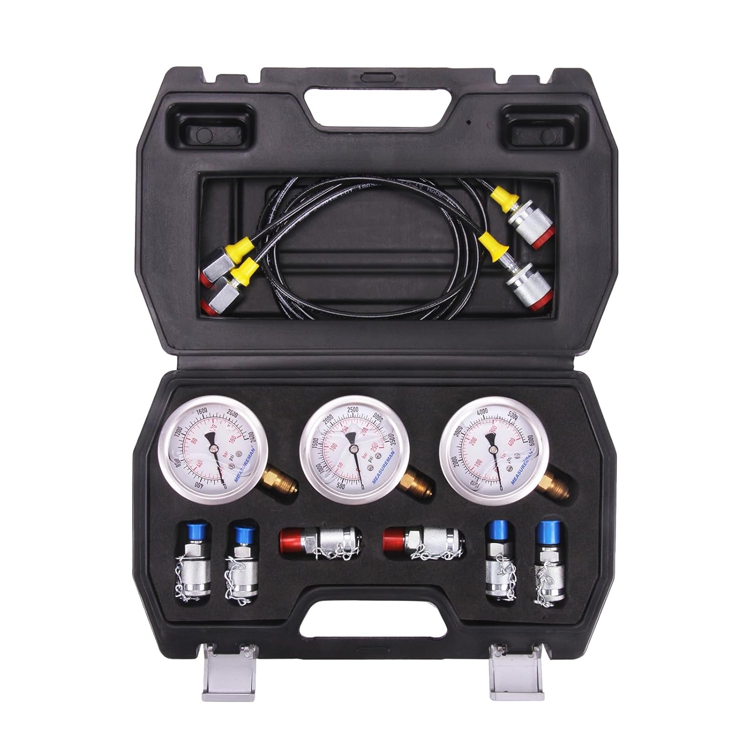 MEASUREMAN Portable Excavator Hydraulic Pressure Test Kit, Includes 3 Pressure Gauges (2400/3500/6000 PSI), 2 Hoses, 6 Test Couplings, for Construction Machinery Systems, Packed in Durable Case