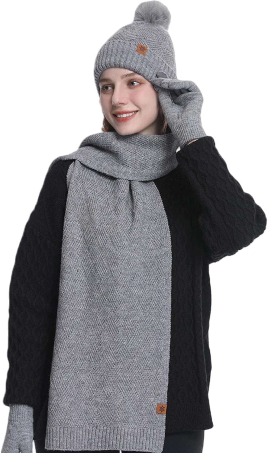 Winter Beanie Hat, Scarf, Gloves Set for Women – Soft, Warm, Touchscreen-Compatible, Fleece-Lined Knit Beanie with Pom Pom
