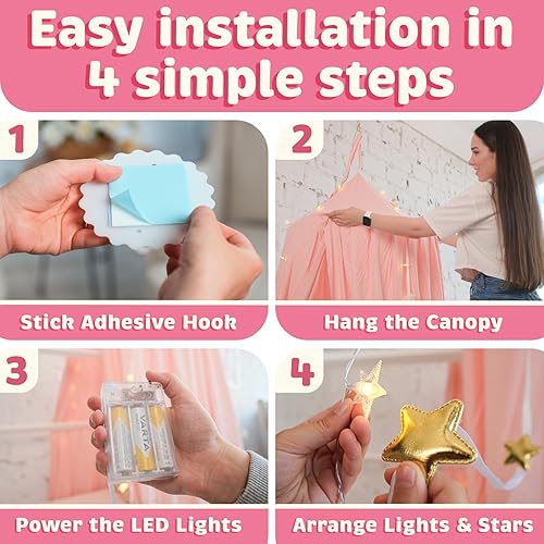 Miniatura 2 de Bollepo Toldo de cama con luces, cama con dosel rosa para habitación de niñas, cama de princesa  Individual, individual, matrimonial, Queen  Toldo