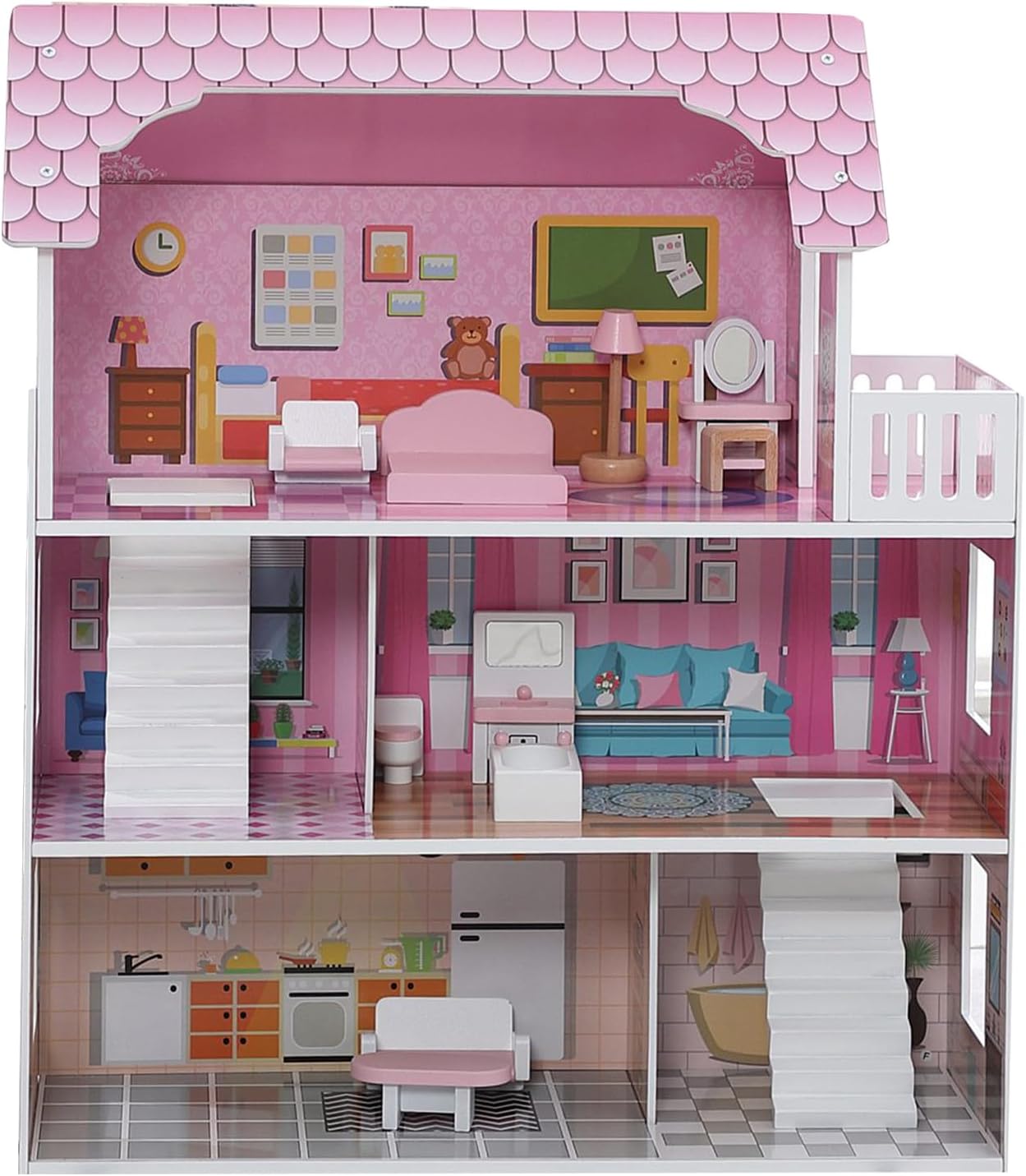 (Or similar to) 3 Story Dollhouse for Girls with Furniture, Pink Wooden Doll House Playset for Kids Ages 3-8, Multi-Room Modern Doll Cottage with Movable Accessories, Storage & Easy Assembly for Imaginative Role Play