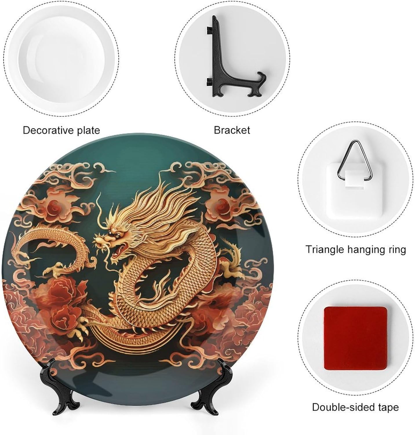 Dragon Chinese Background Decorative Plates for Display Custom Decorative Ceramic Plate With Stand Personalized Hanging Art Wall Decor for Living Room Hallway Table Shelf Decor