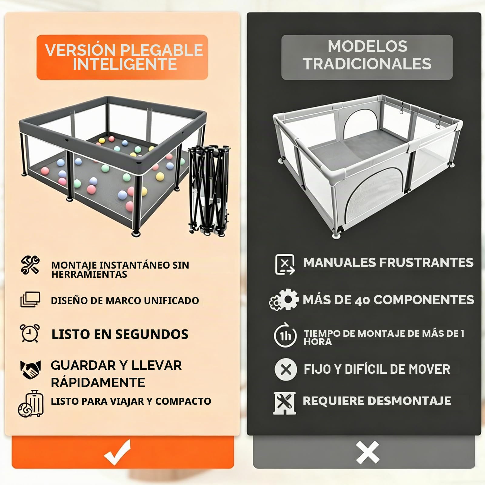 Parque infantil plegable para bebé con alfombrilla - 127x127CM - Parque, montaje rápido, seguro y portátil para interior y exterior (gris)