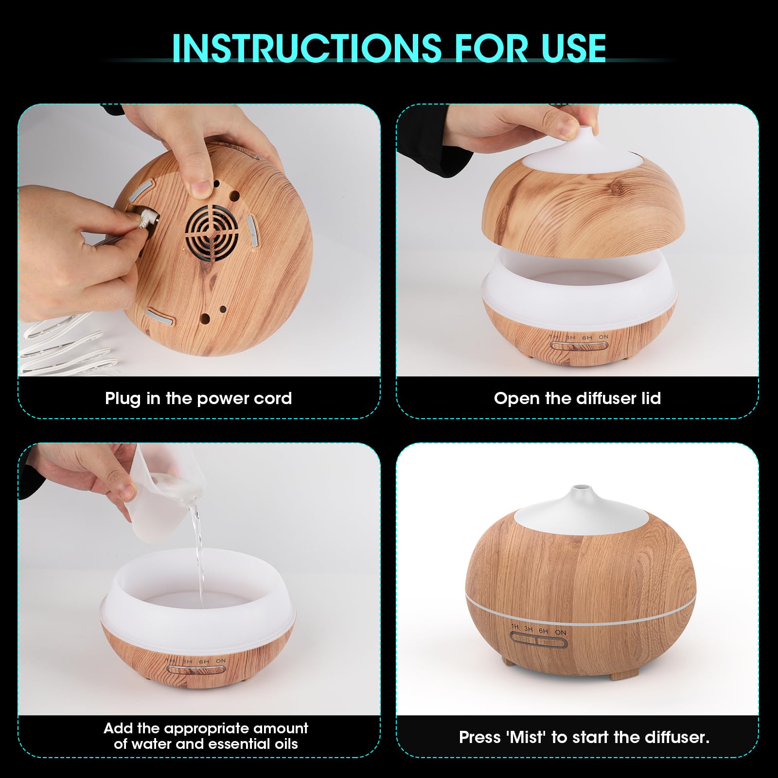 Diffuseur d'Huiles Essentielles 500 ML, Diffuseur d'Arômes Ultrasonique avec Télécommande, 4 Minuteries & 2 Modes de Brume, Arrêt Automatique sans Eau, pour Maison, Bureau, Chambre, Spa