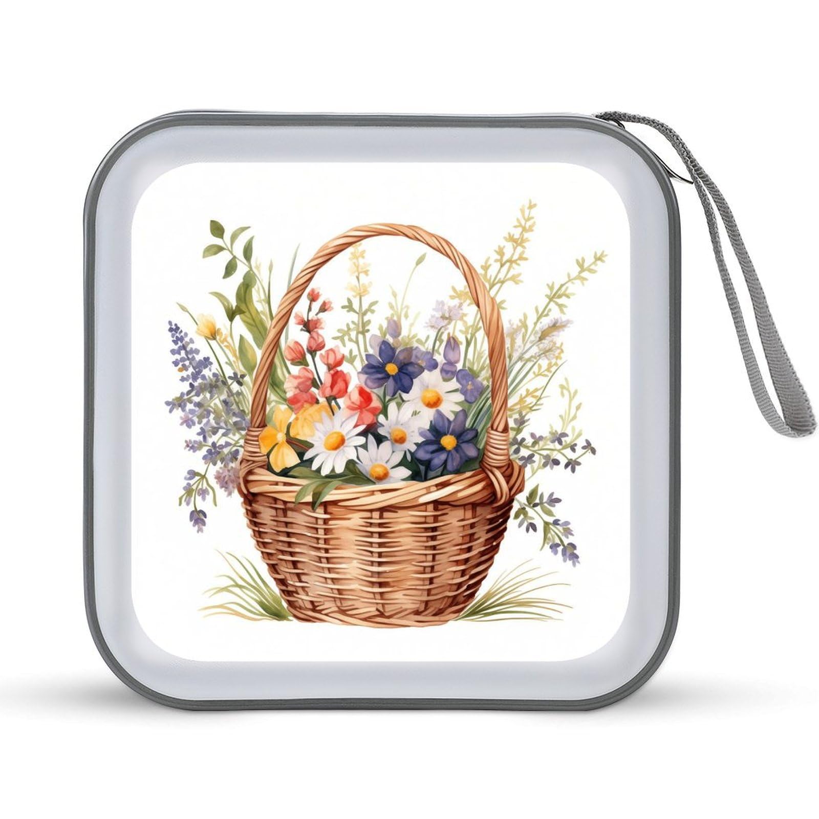 DuduYH Wicker Basket with Wildflowers CD Case DVD Storage Case Portable