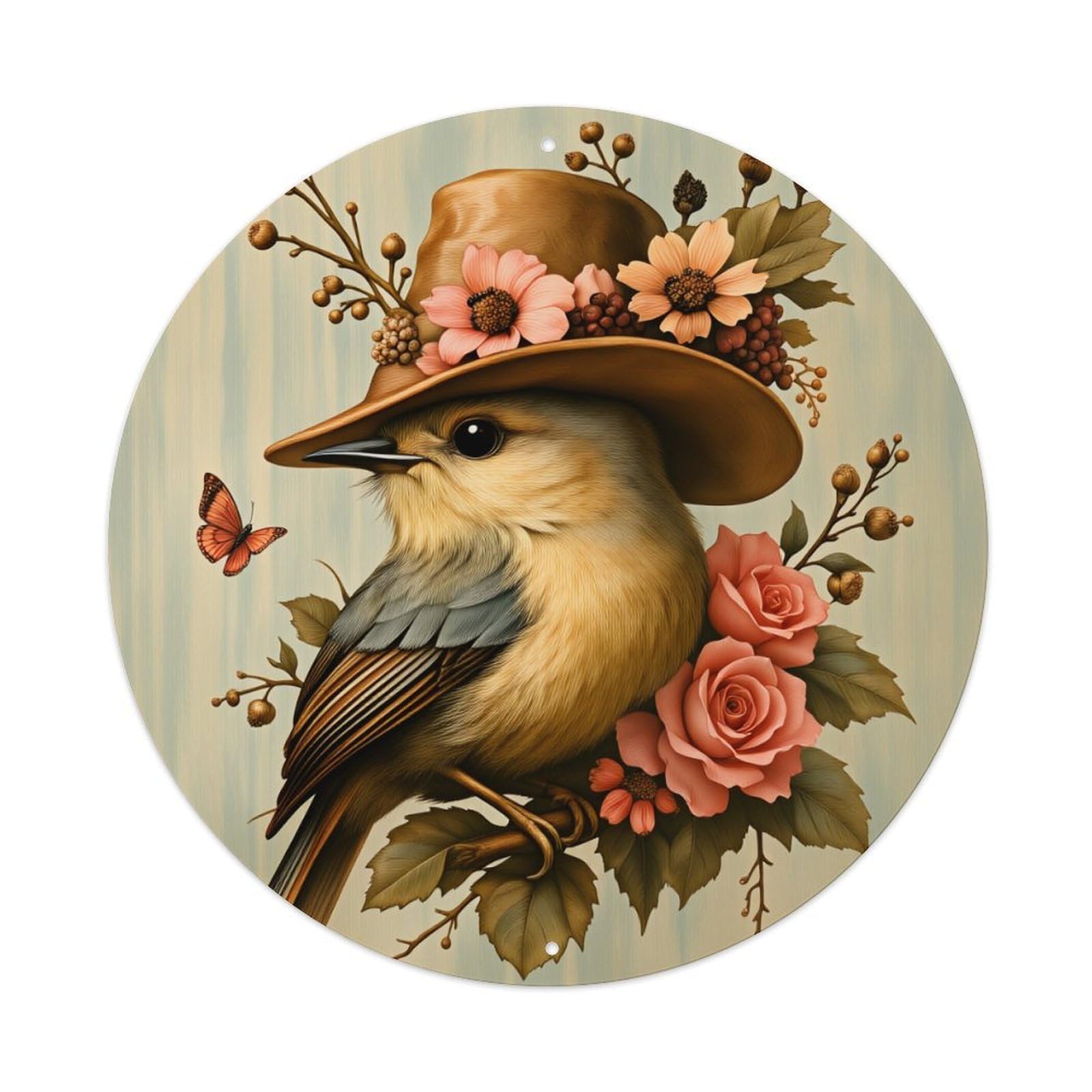Lzwbntey Vintage Bird With Hat And Flowers Metal Tin Sign Retro Wall Decor For Home Bar Garage Cafe, Indoor & Outdoor Decorative，Circle Metal Poster, 8X8 Inch