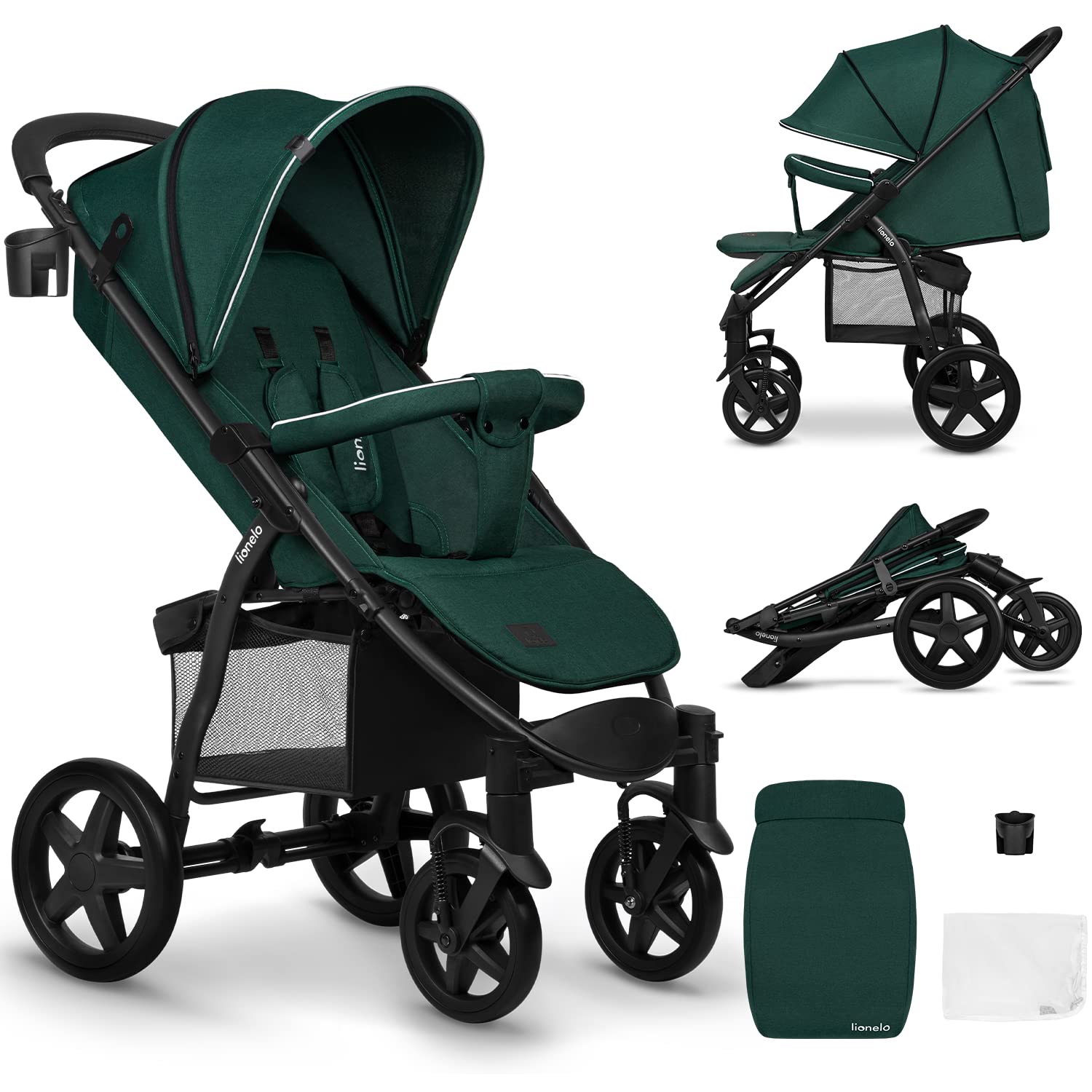 Lionelo Annet Plus Buggy Kinderwagen ab Geburt bis 22 kg, Liegefunktion flach, kompakt faltbar, große EVA Räder mit Federung, XXL Verdeck, inkl. Fußsack, Moskitonetz & Getränkehalter