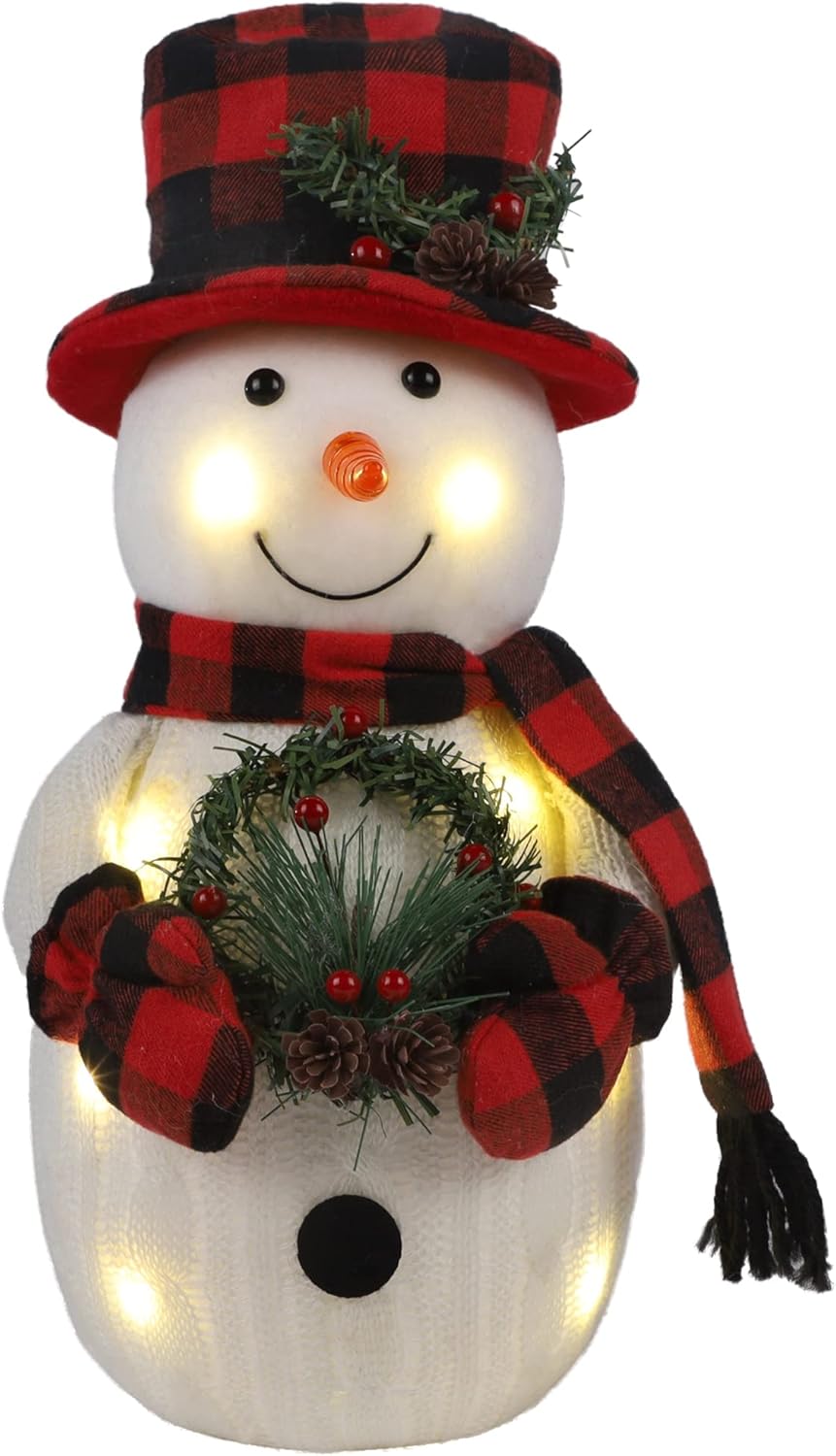 Christmas Lighted Snowman, 12 With Wreath Table Decorations, Red Black Plaid Xmas Decor for Home Kitchen Holiday Party