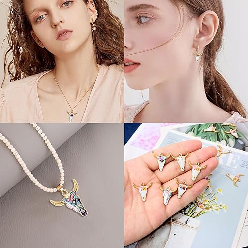 Miniatura 4 de Honbay 30 dijes de aleación esmaltada con diseño de cabeza de ganado occidental con patrón de flores para aretes, collares, pulseras, llaveros,