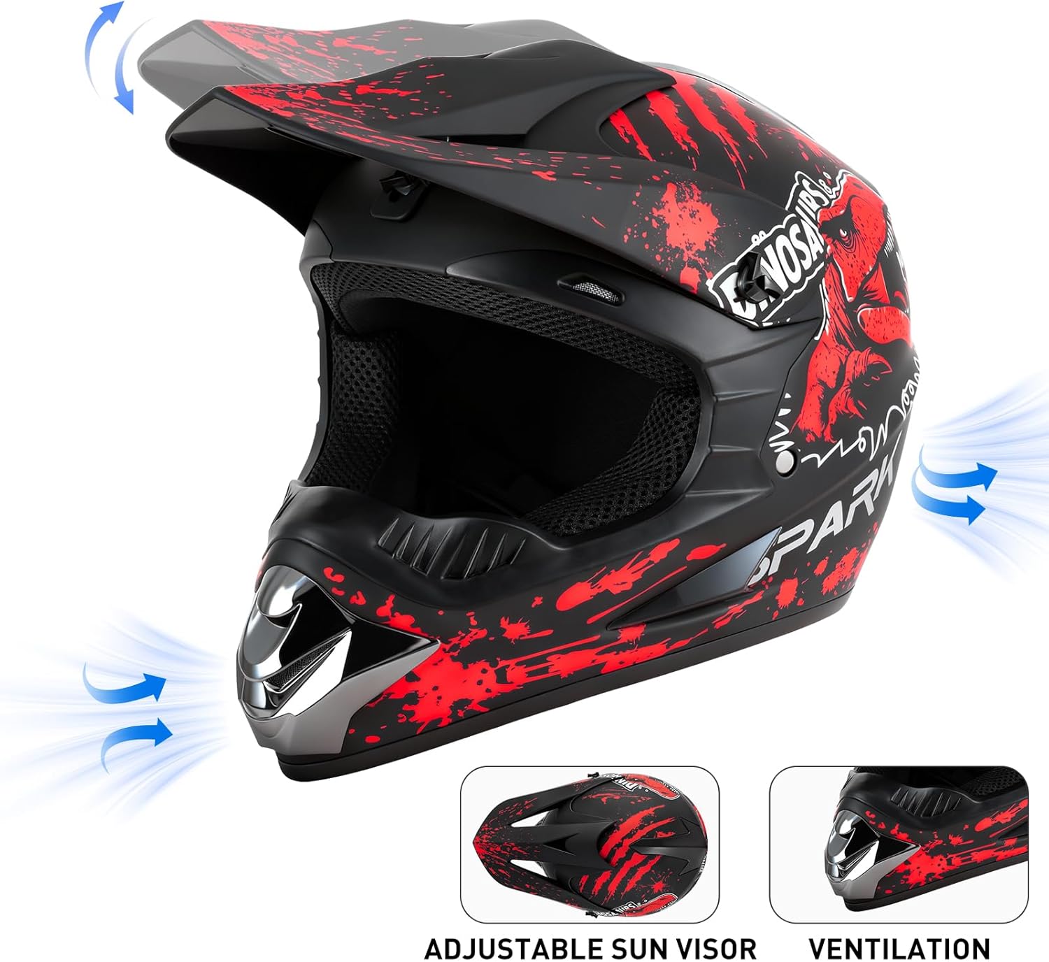 SPARK Youth Kids Dirt Bike Helmets - Lightweight & Vented, Full Face, 4Pcs Set with Gloves, Goggles & Mask for Ages 5-14 (Motocross ATV Off-Road) DOT Approved