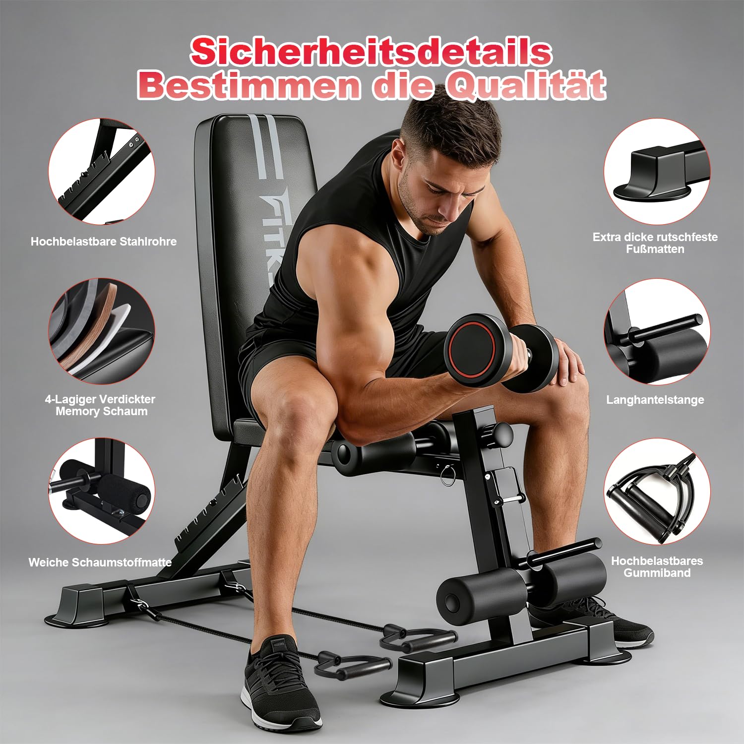 Banco Musculación Plegable Multifunción, Banco Pesas Ajustable en Casa, 13 en 1 Entrena Cuerpo Completo, Soporta 400KG, Bandas de Resistencia, Espalda/Pecho/Pierna, Gym en Casa