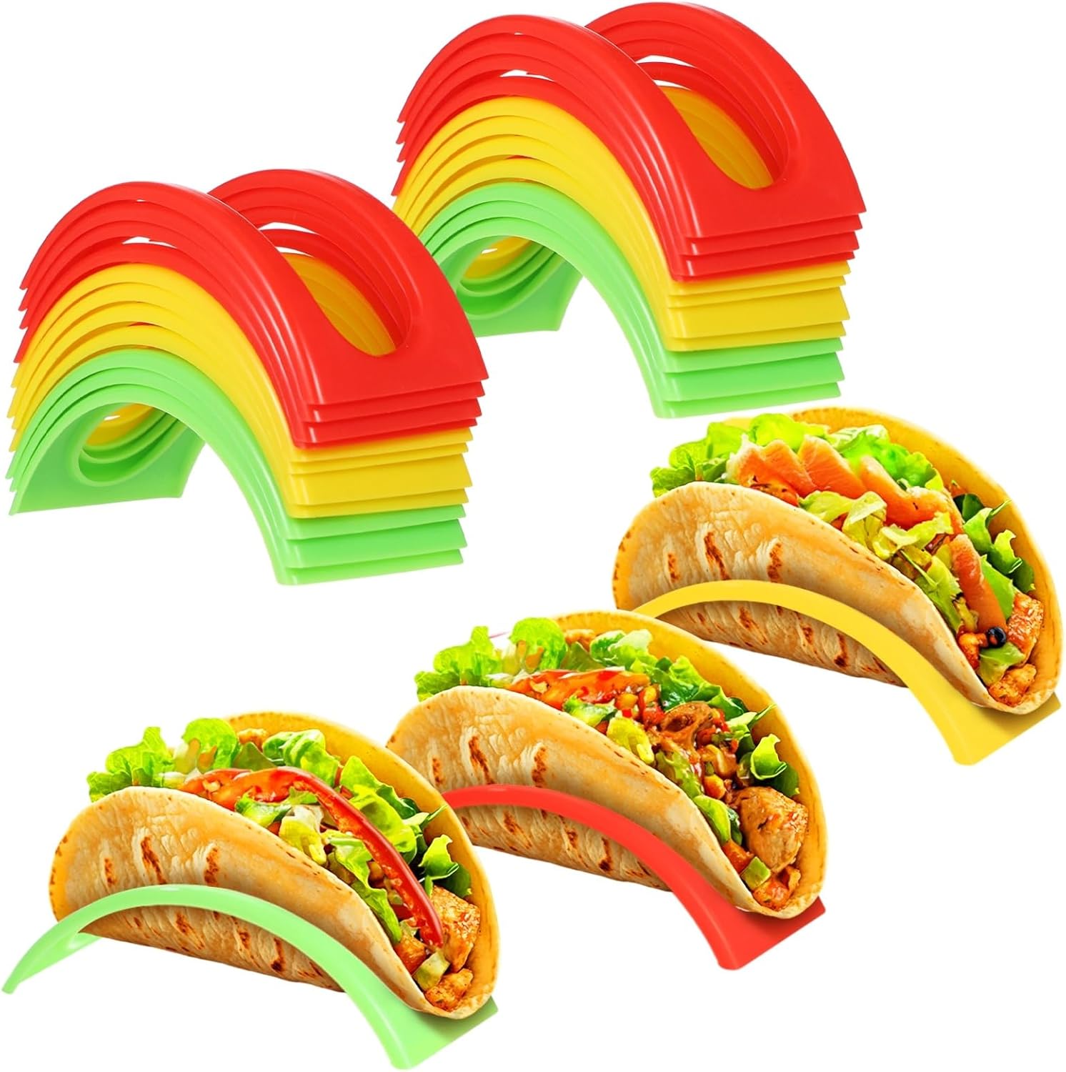 120 Pack Individual Taco Holders Stands, Colorful Taco Holders, Plastic Taco Rack, Dishwasher Safe, Bulk Stackable Taco Stands for Family Gatherings, Parties, Large Events, Restaurants