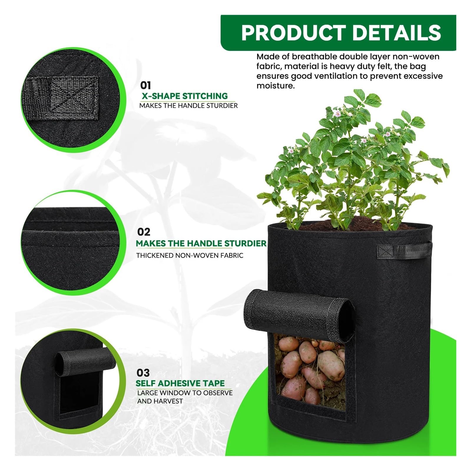 Macetas de Tela 5/7/10 galones, Bolsas Cultivo Gruesas no Tejidas for jardín, Vegetales, Tomates, Patatas, Herramienta con Mango, 2 uds para Cultivar Frutas(Grey,10 Gallon)