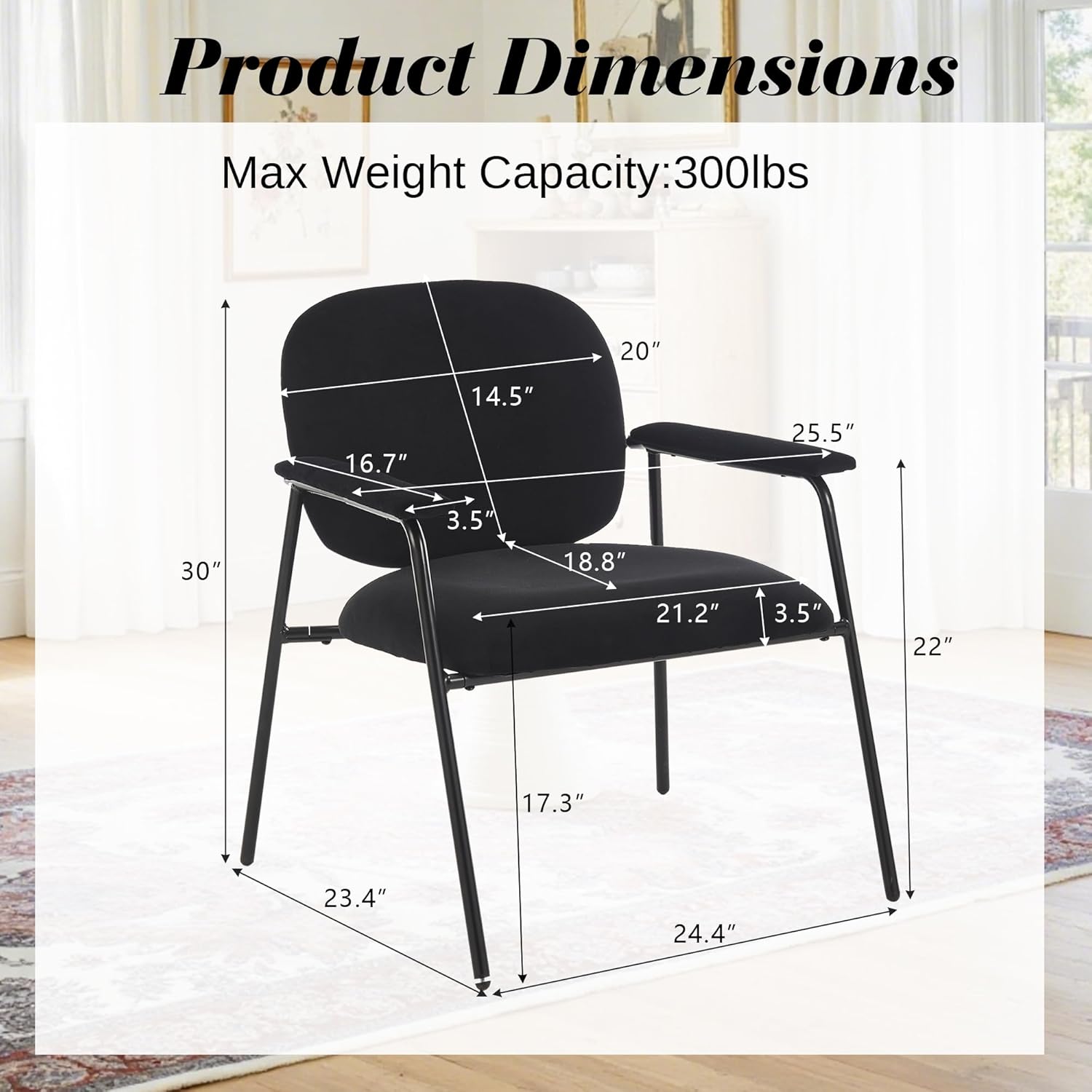 Accent Chair Set of 2, Velvet Upholstered Armchair Reading Side Chair, Comfy Living Room Chair with Black Metal Legs for Bedroom Waiting Room, Black