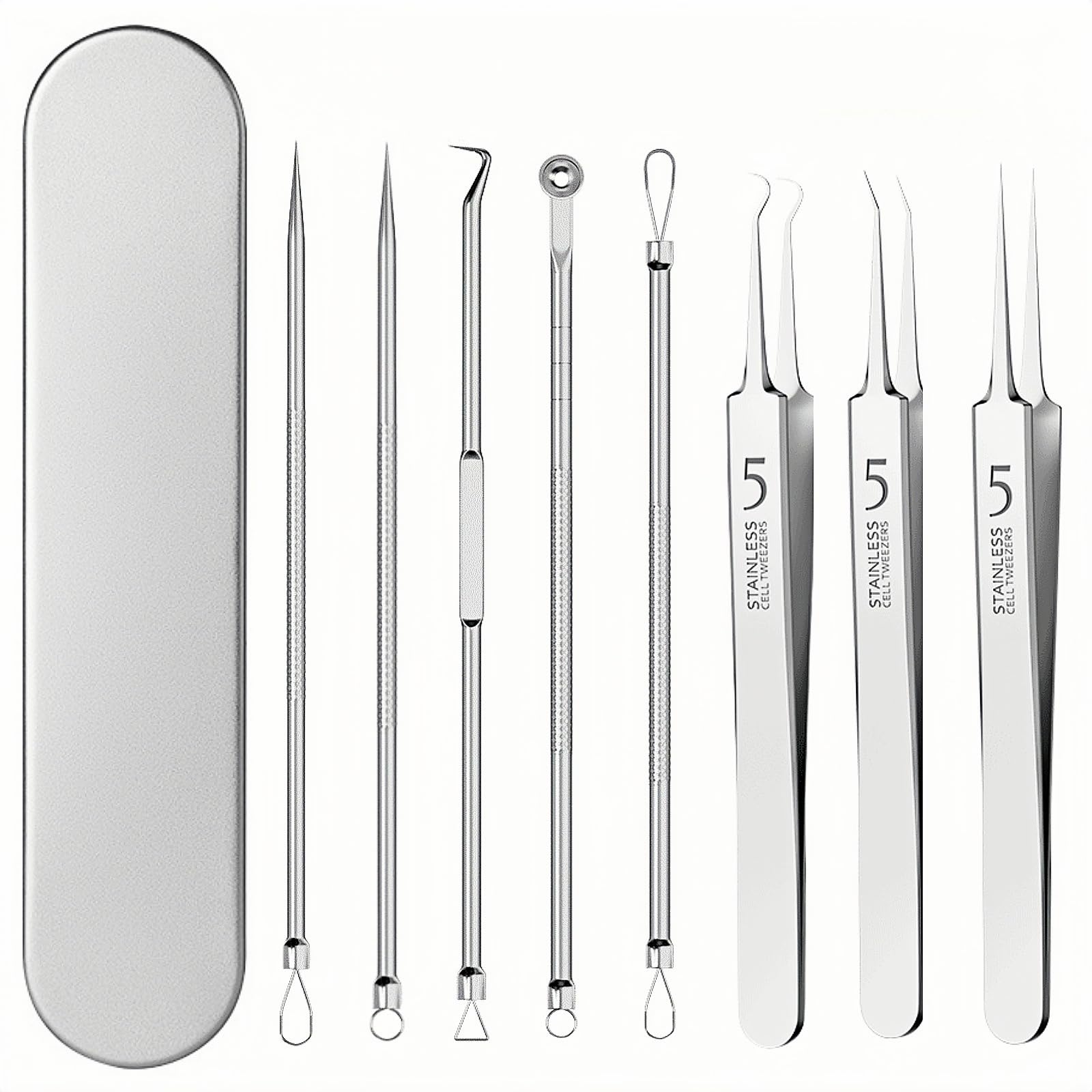 8 Stück Mitesser Entferner Werkzeug Kit Professionelle Pickel Popper Extractor Set für Akne, Komedonen, Whiteheads & Hautunreinheiten Edelstahl mit Metallkoffer