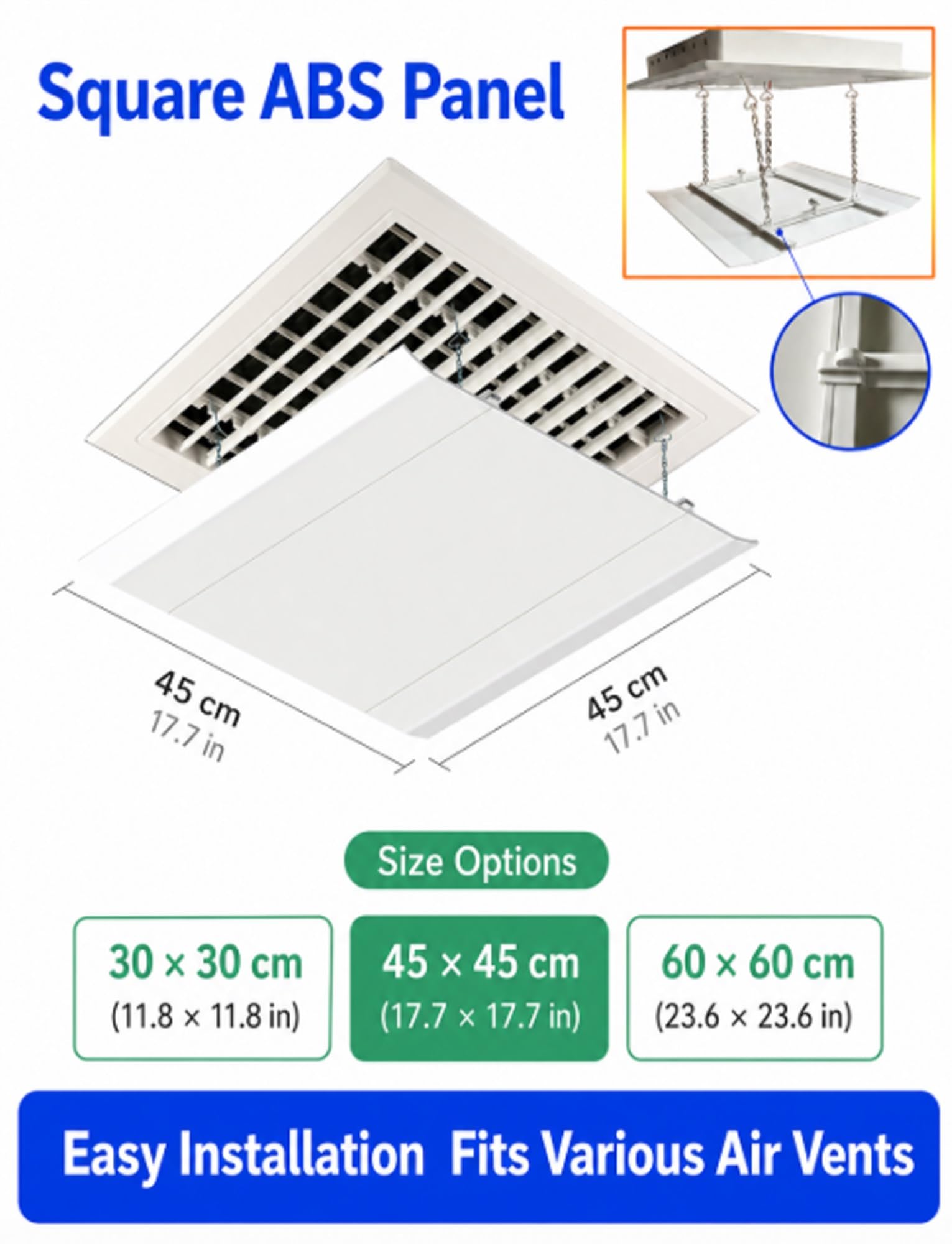 Deflettore del flusso d'aria per climatizzatore, Deflettore aria AC quadrato in ABS, presa d'aria a soffitto appesa a catena 11,8-23,6 pollici | 23.6x23.6in