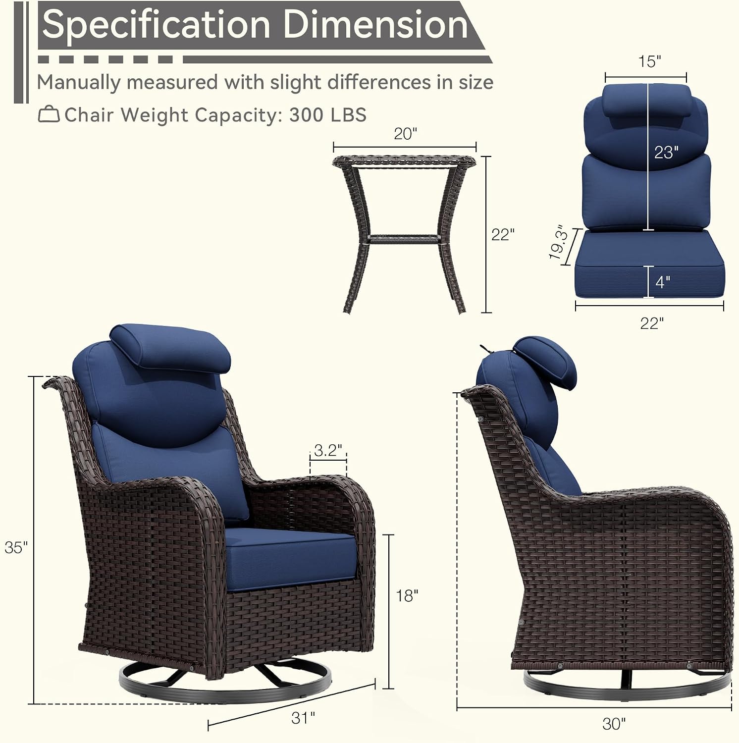 3 Pieces High Back Outdoor Swivel Rocking Chairs Set, 4" Thick Seat Cushions - Patio Furniture Set with Side Table, Headrest, for Garden, Porch, Deck, Poolside - Brown/Blue