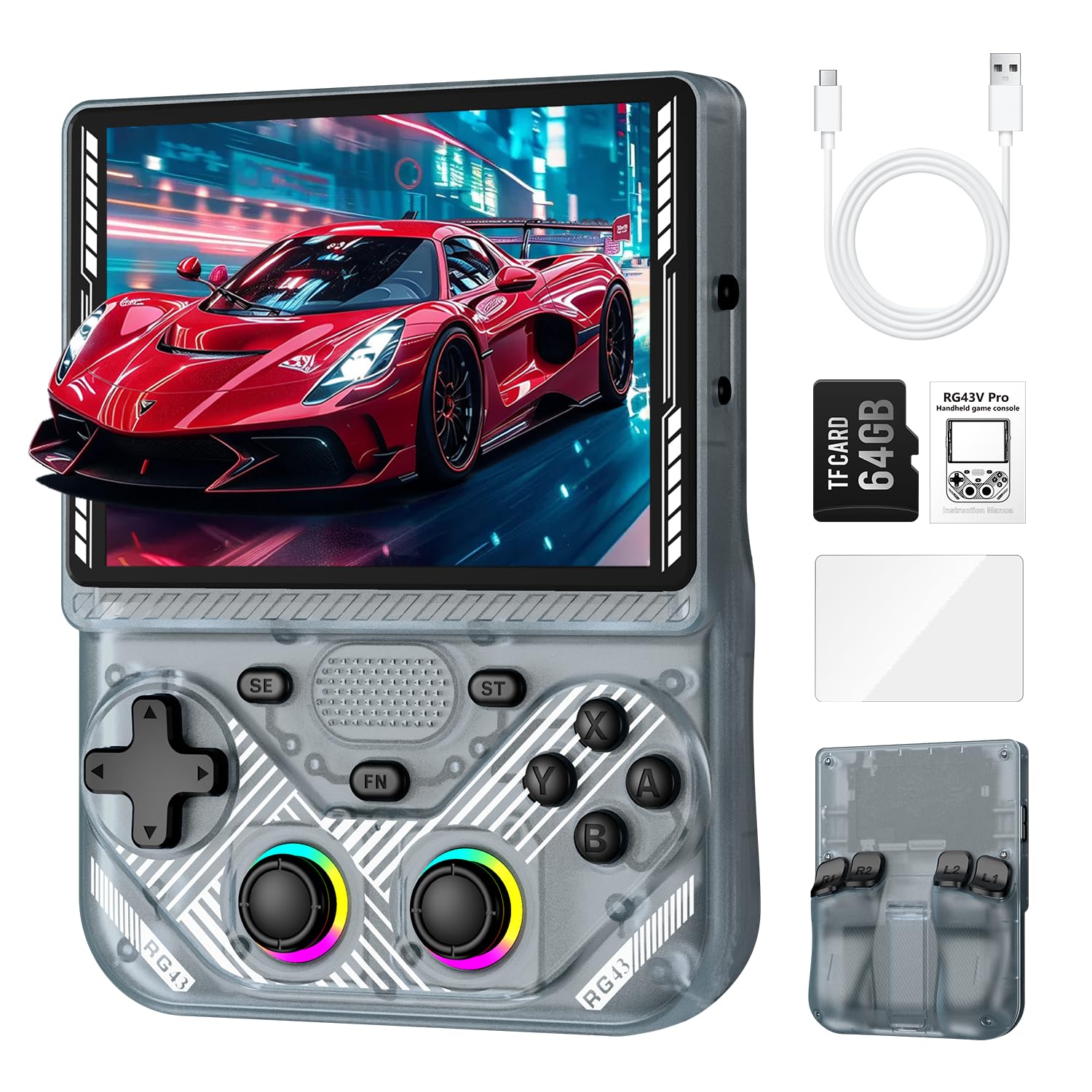 RG43V Pro Retro Handheld Game Console, Portable Dual System with RK3562 CPU, 4.3 Inch HD IPS Retro Gaming Console, WiFi Networked Fighting and HDMI TV Output, 4000mAh Battery, 64GB Transparent
