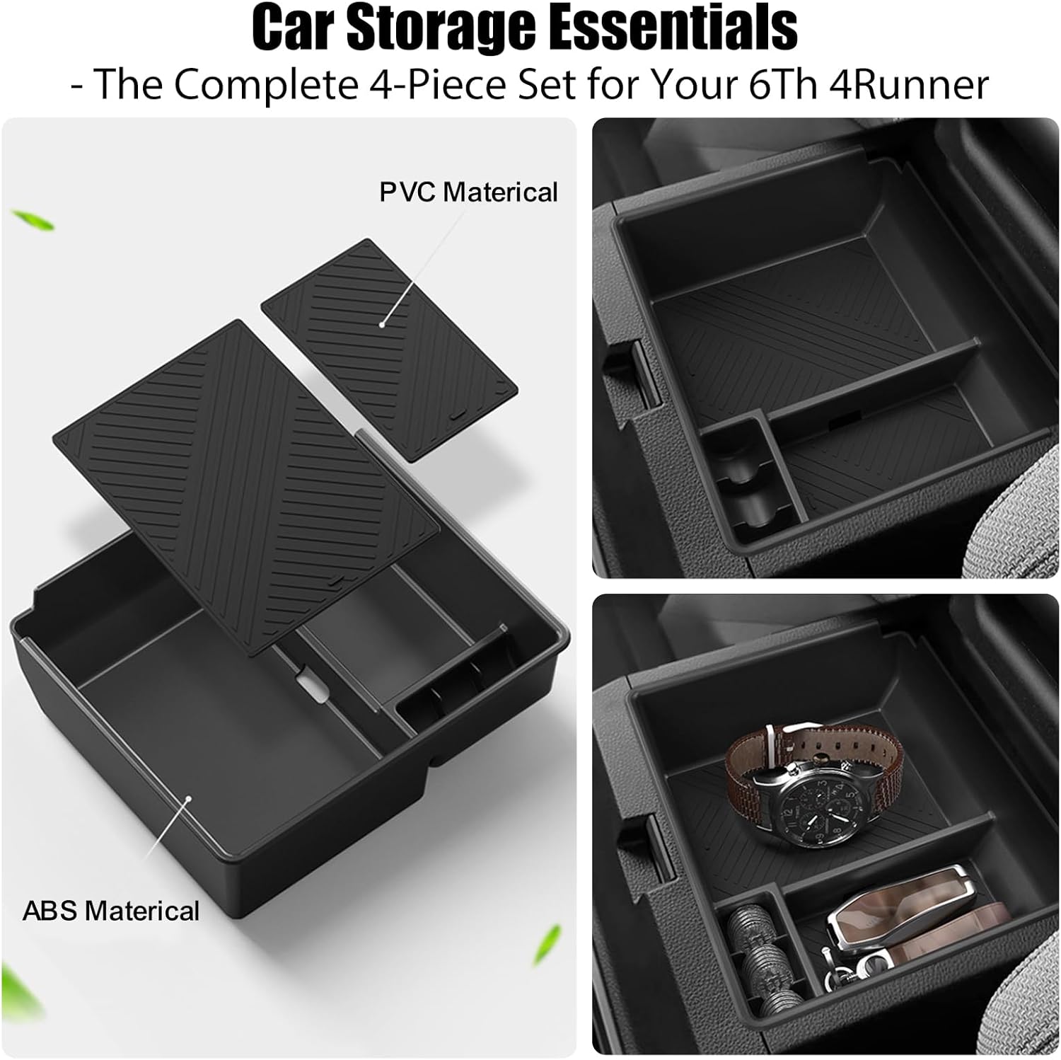 7 PCS Center Console Organizer for 2025 2026 Toyota 4Runner ( 6th Gen) Accessories , Armrest Storage Box with Anti-slip Mat + Drink Cup Holder Inserts Tray + 4 Pack Seat Headrest Hook 7 in 1 Set