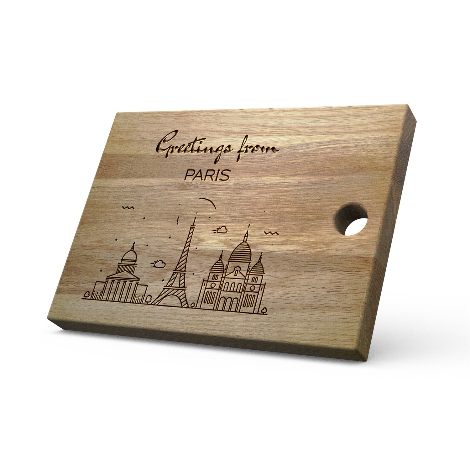 The Kitchenware CompanyKWCO Solid Oak Chopping and Serving Board with Carved Message - Greetings from Paris (Medium 34 x 19 x 3.5cm, Landscape)