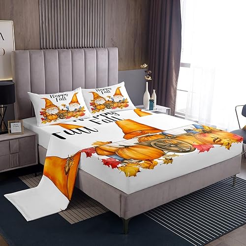 Miniatura 10 de Erosebridal Juego de sábanas de Feliz Acción de Gracias, juego de sábanas de calabaza de otoño, hojas de otoño y otoño, sábana superior