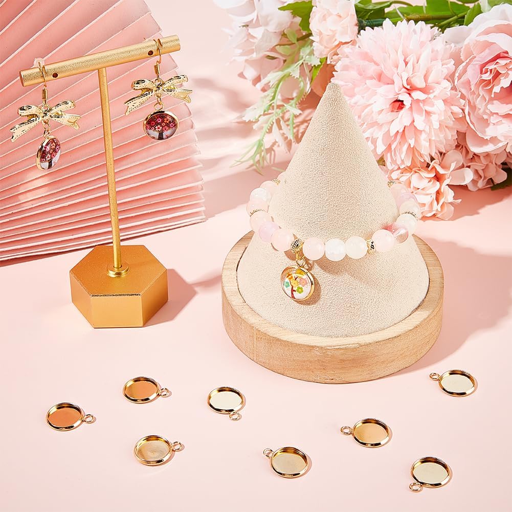 Beebeecraft 1 Box 50Pcs Pendant Cabochon Settings 18K Gold Plated 304 Stainless Steel 12mm Tray Cabochon Charm for jewelry making cameo photo - Image 4