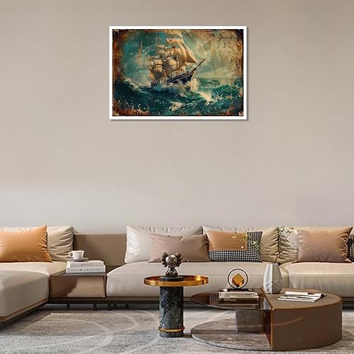 Miniatura 6 de Póster retro de barco pirata oceánico, velero marino, paisaje marino, arte de pared, velero sobre las olas, pintura para baño, dormitorio, oficina,