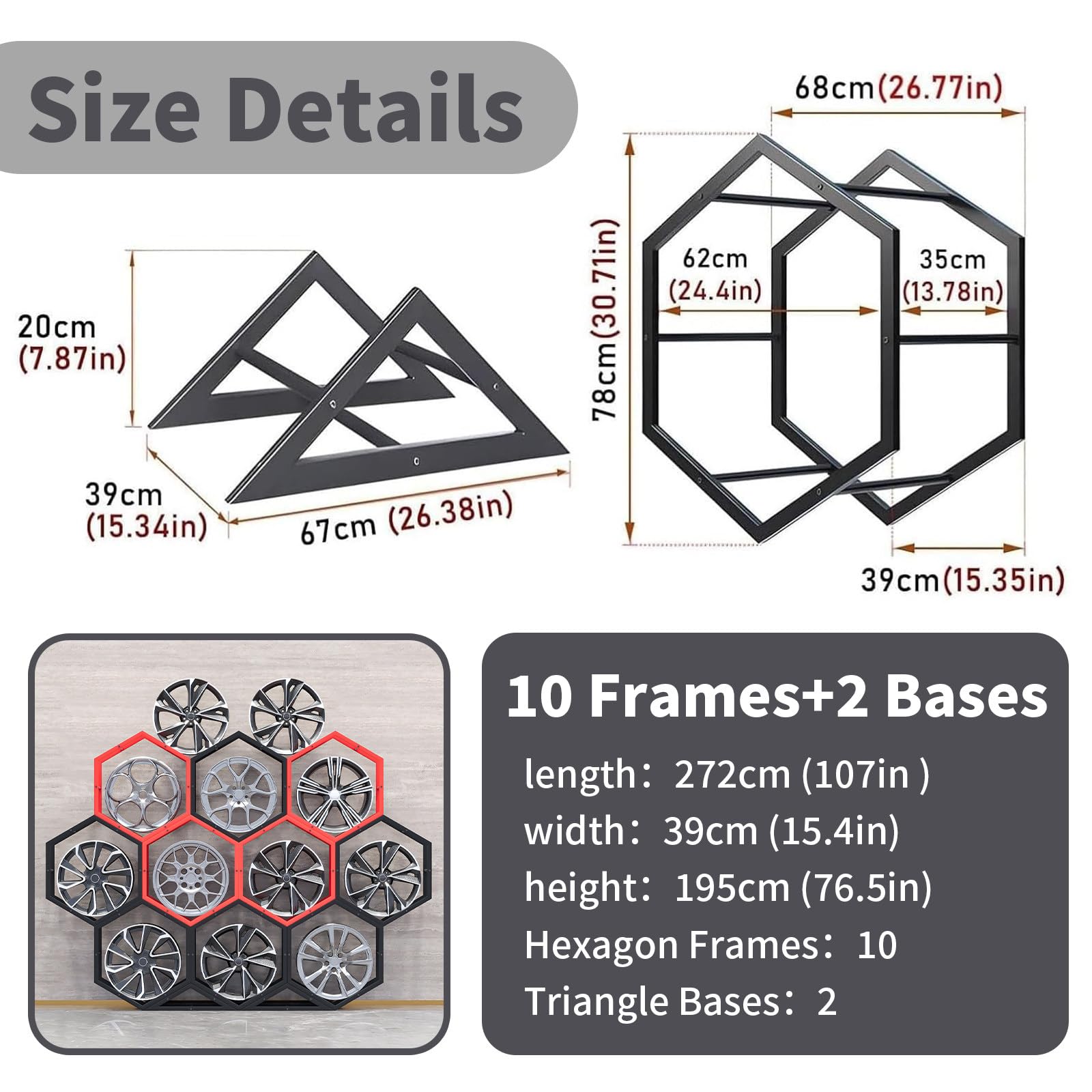 Stojak Na Opony, Sześciokątny Stojak Na Opony, Stojak Na Felgi I Opony Do Garażu, Składany Stojak Na Opony Zapasowe DIY, Do Garażu I Warsztatu, Uchwyt Na Koła 10Frames+2Bases