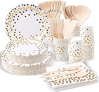 350 Pcs Disposable Paper Party Tableware Supplies Includes Dinner/Dessert Plates, Cups, Napkins,Spoons, Forks, Knives for Wedding Birthday Graduation Party,50 Guests (White Gold Dot)