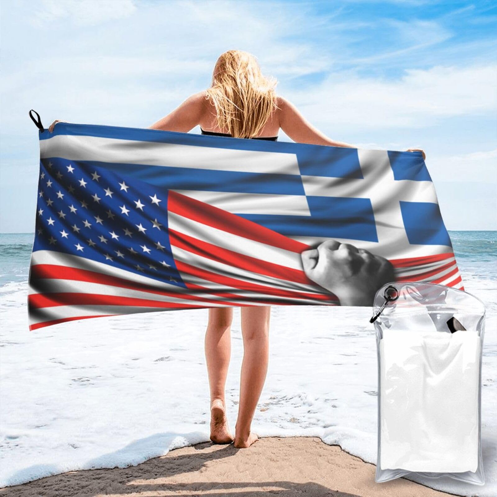 HACXZ Beach Towel America Flag and Greece Greek Flag Microfiber Beach Towel Lightweight Absorbent 31.5"X63"