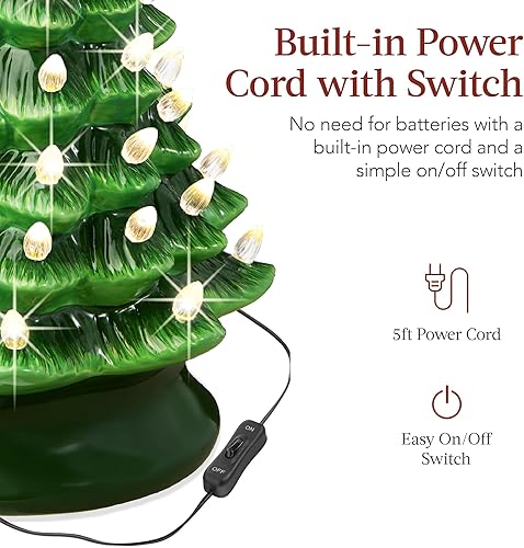 Miniatura 4 de Best Choice Products Árbol de Navidad de cerámica de 15 pulgadas, árbol de Navidad pintado a mano preiluminado, 2 adornos de estrellas, 64 luces,