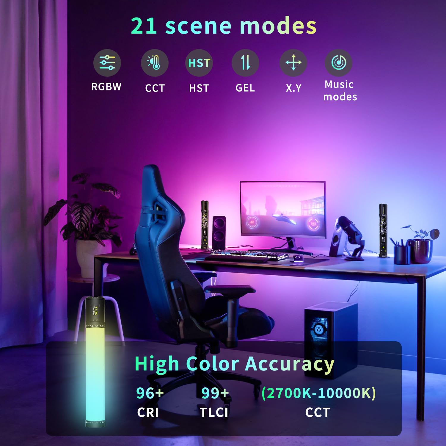 suncrafter TL30 RGB Tube Light, RGBWW 360° Adjustable Magnetic Video Lighting Wand Stick with Smart APP Control, 2700K-10000K CRI96+ TLCI99+, 21 Scenes, Focus-Adjustable Spotlight, 5000mAh Battery