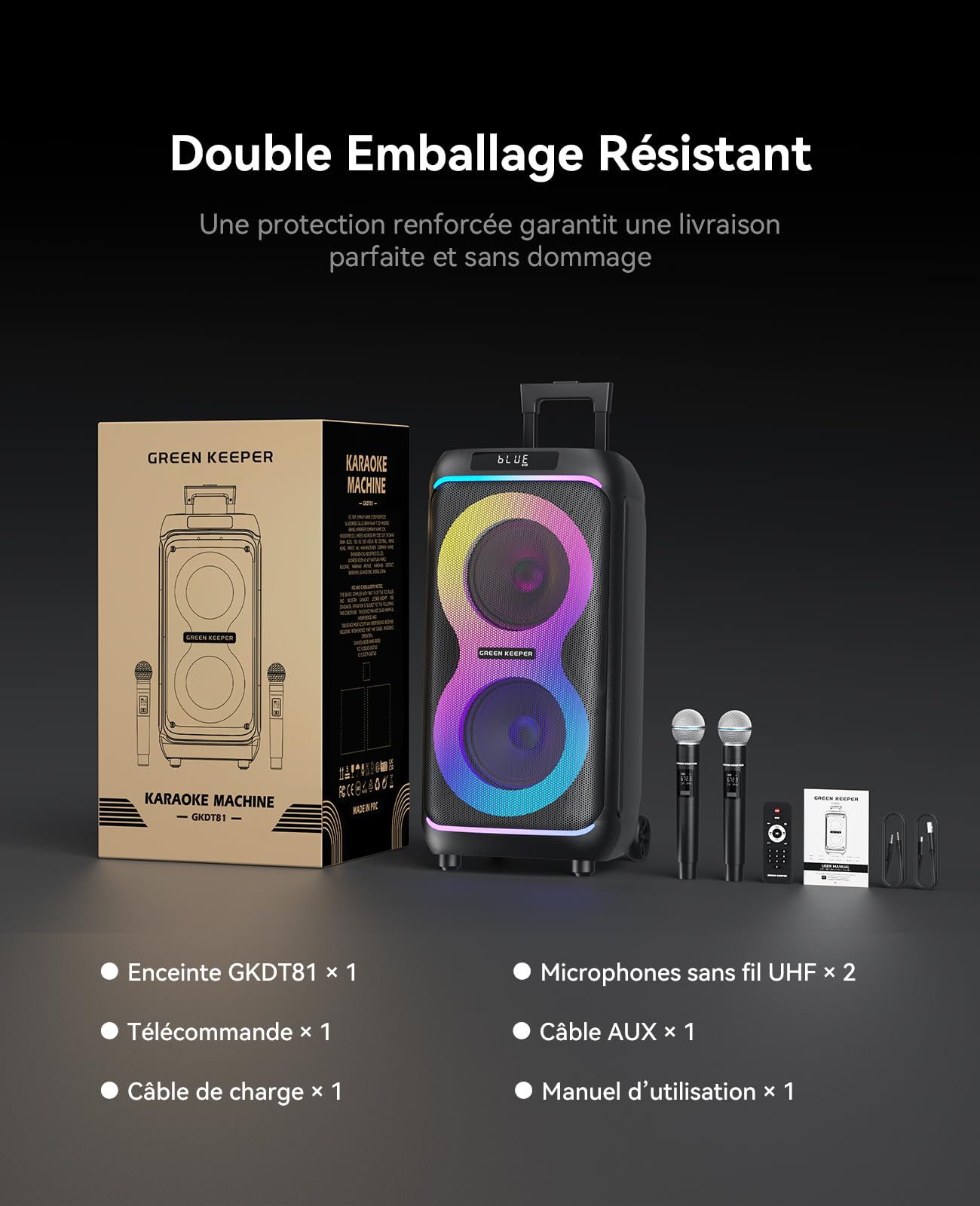 GKDT81 Enceinte De Soirée Karaoké – Système PA Portable 800W avec 2 Microphones, Double Subwoofer 8 Pouces pour Basses Profondes, Haut-Parleur Bluetooth Lumineux avec roulettes & Poignée Télescopique