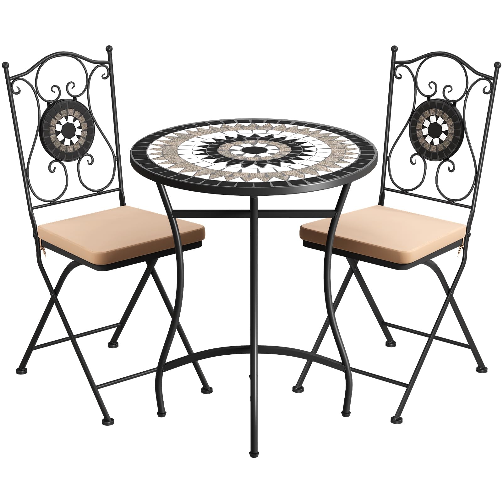 Warmiehomy 3 Piece Mosaic Bistro Sets for 2 for Garden, Black & White Minimalist Pattern Garden Table and Chairs Set with Cushions, Metal Garden Furniture Set for Outdoor Patio Dining & Conversation