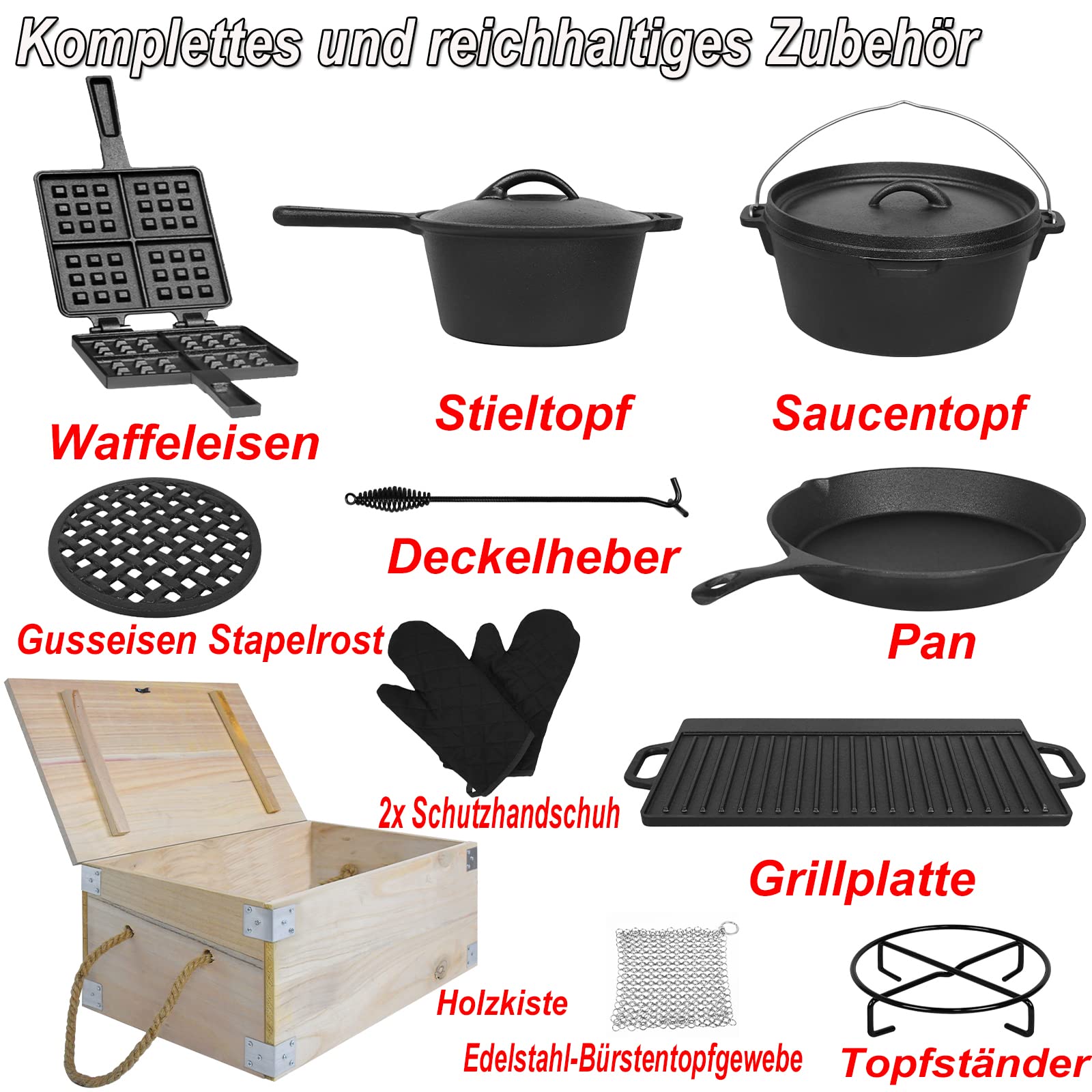 YRHome Four Néerlandais 11 Pièces dans Une Caisse en Bois, Dutch Oven Set Comprenant Gaufrier, Casserole à Sauce, Plaque de Barbecue en Fonte, Ensemble De Pôeles De Cuisson avec Boîte de Rangement