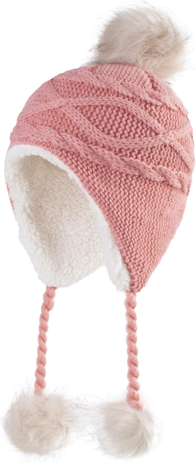 Home Prefer Girls Sherpa Earflaps Hat Toddler Baby Knit Beanie Fuzzy Peruvian Cold Weather Warm Winter Hat