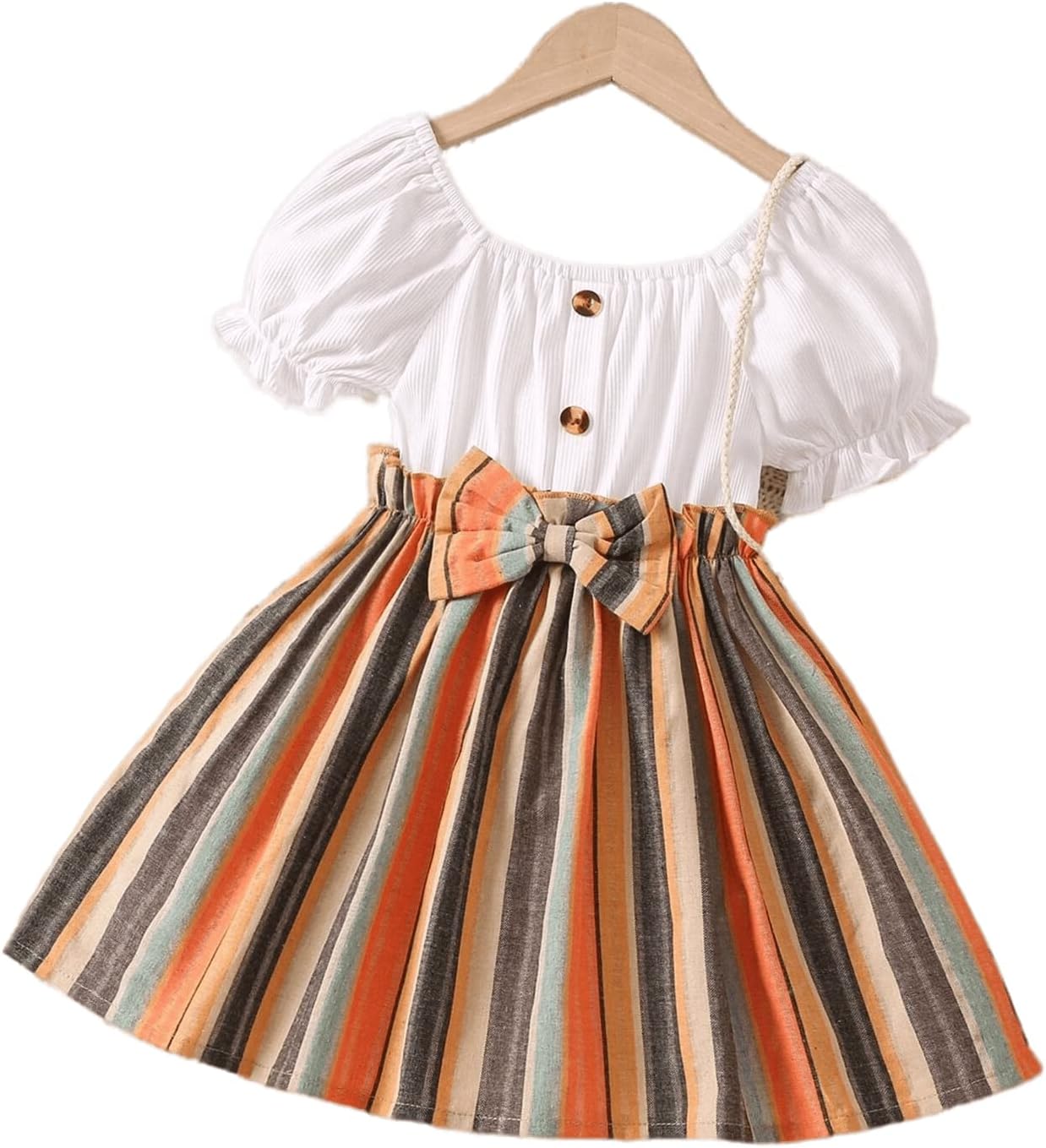 TAGAS Toddler Girls Striped Print Puff Sleeve Bow Front Dress || Stripe Pattern Dress for Kids || A Line Dress || Puff Sleeve Dress for Kids || Casual Dress (KD-202)